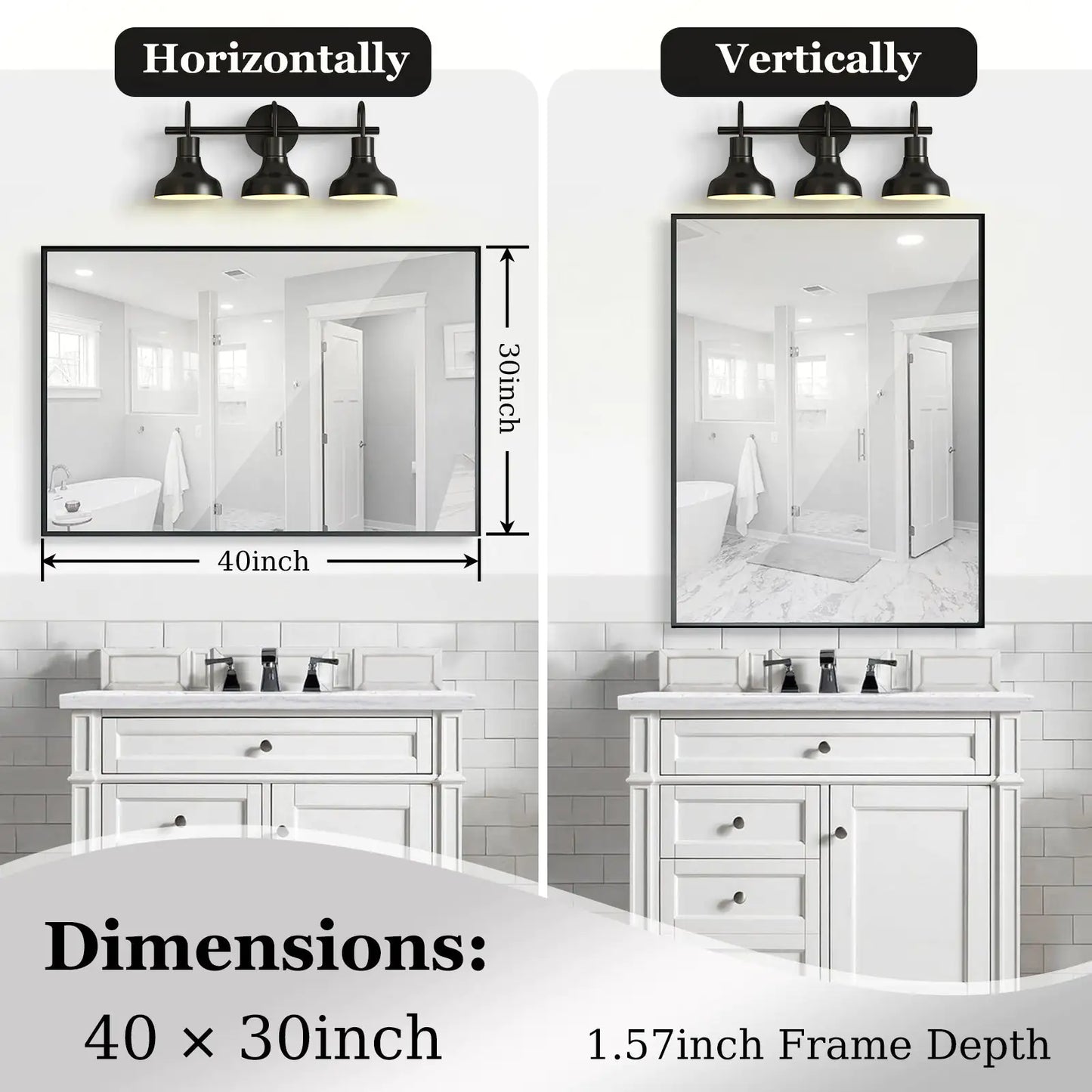 40x30 Inch Glossy Black Bathroom Mirror Wall Rectangular Vanity Mirror